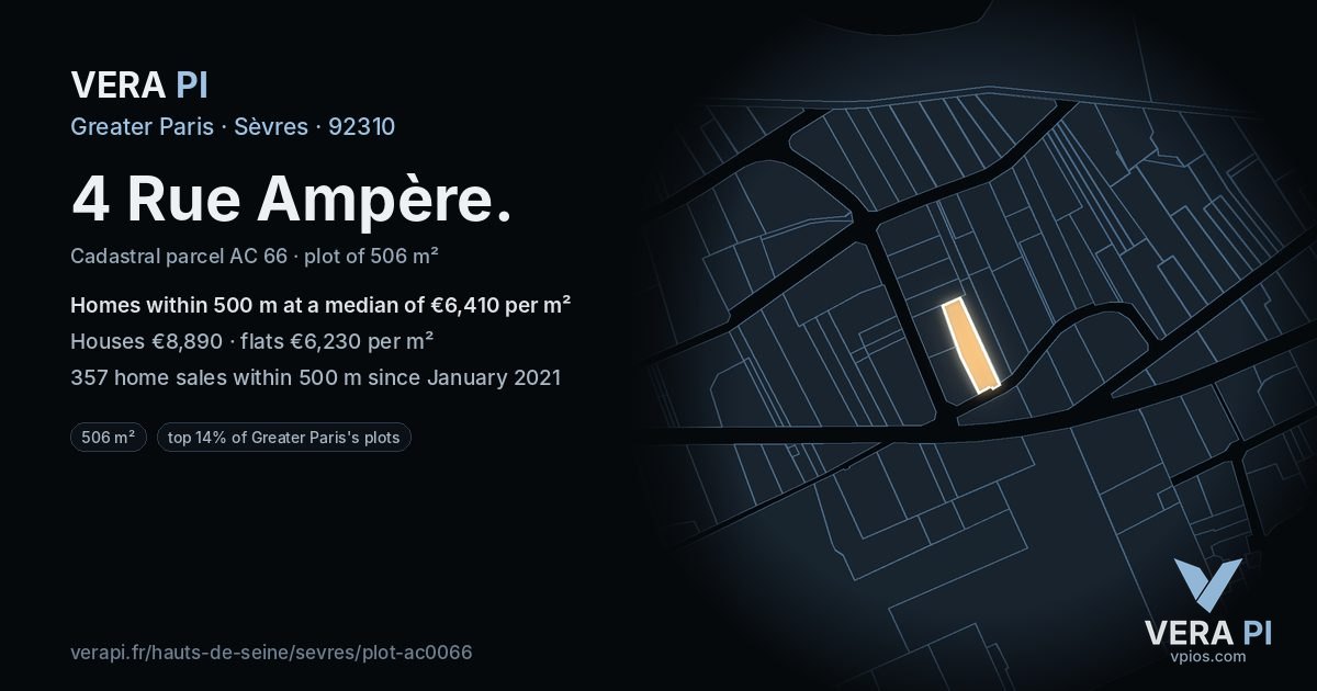 4 Rue Ampère, Sèvres at night – the plot lit, the parcels around coloured by the prices near them