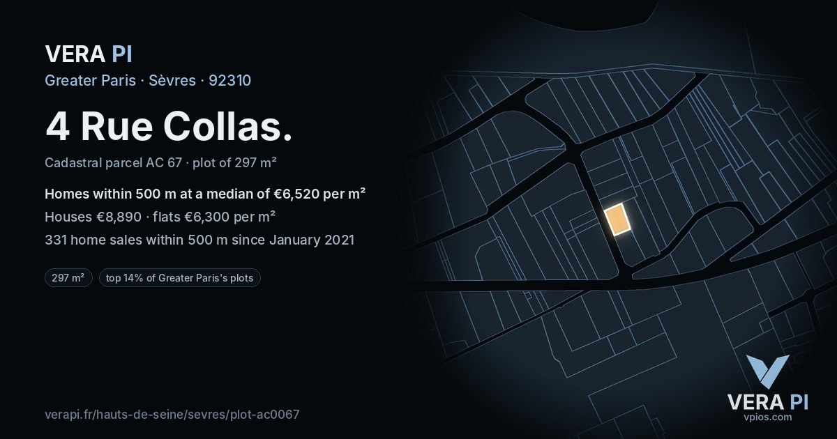 4 Rue Collas, Sèvres at night – the plot lit, the parcels around coloured by the prices near them