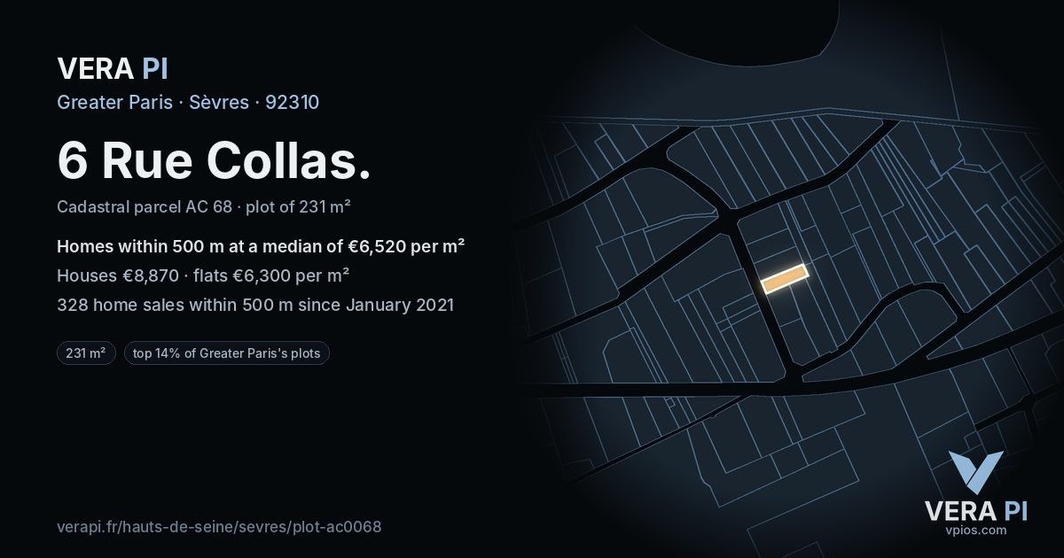 6 Rue Collas, Sèvres at night – the plot lit, the parcels around coloured by the prices near them
