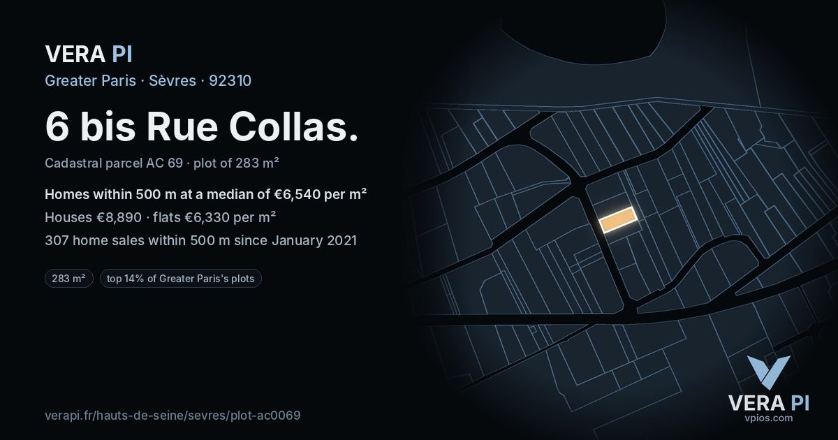 6 bis Rue Collas, Sèvres at night – the plot lit, the parcels around coloured by the prices near them