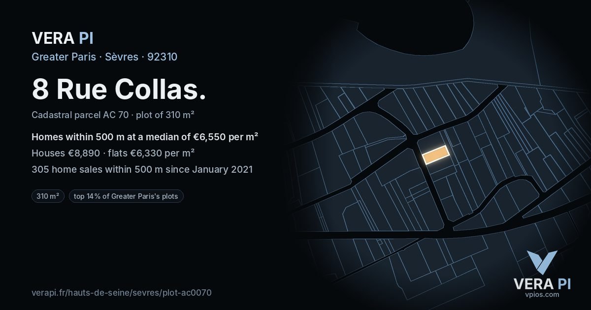 8 Rue Collas, Sèvres at night – the plot lit, the parcels around coloured by the prices near them