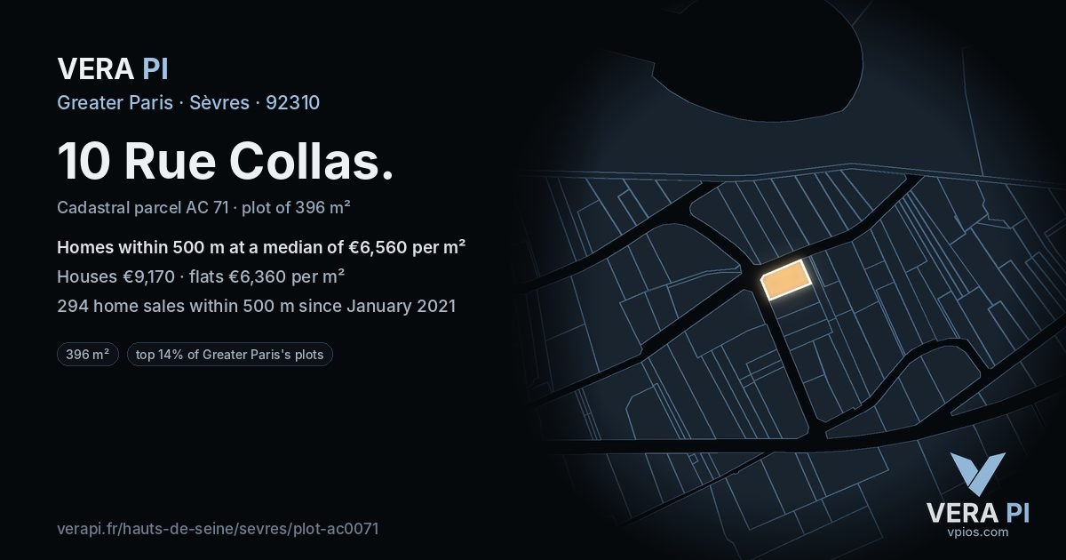 10 Rue Collas, Sèvres at night – the plot lit, the parcels around coloured by the prices near them