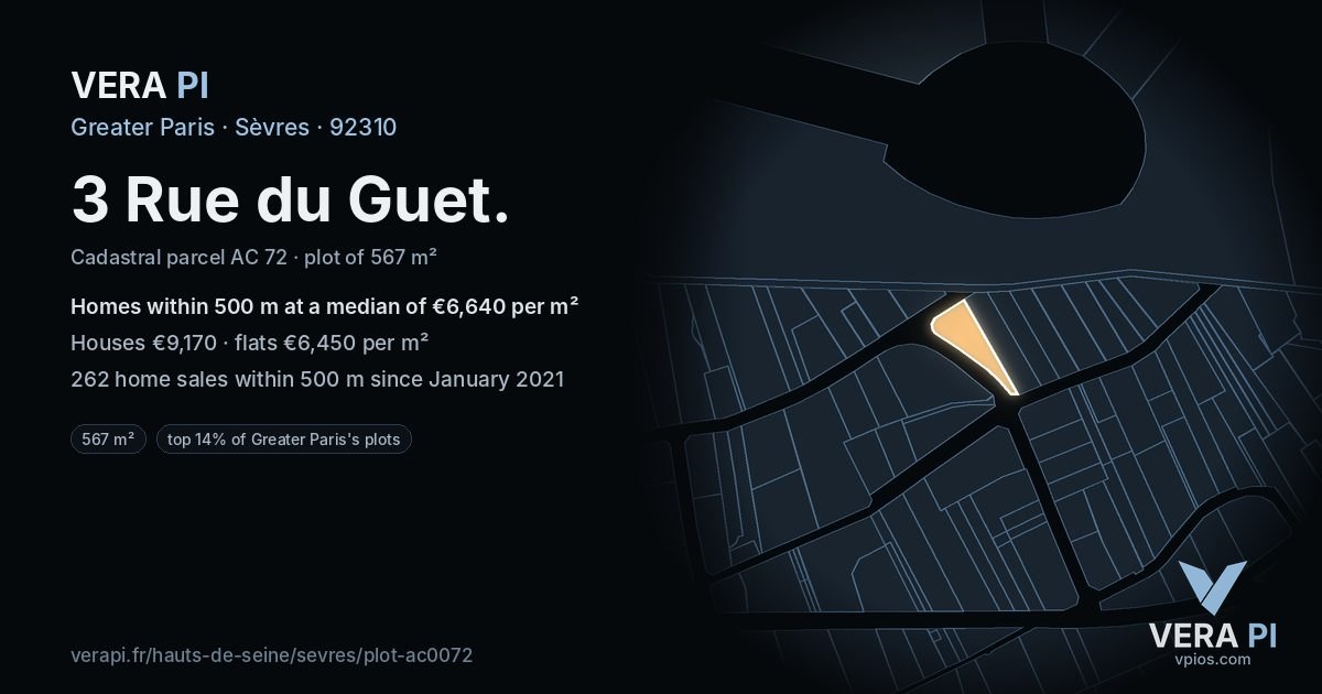 3 Rue du Guet, Sèvres at night – the plot lit, the parcels around coloured by the prices near them