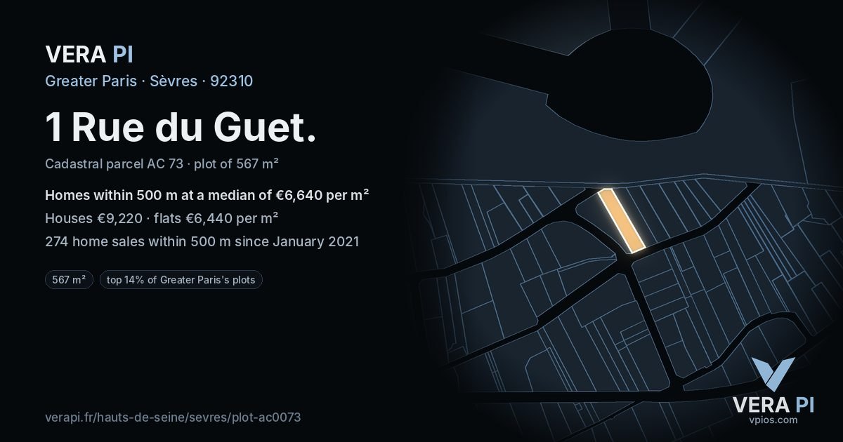 1 Rue du Guet, Sèvres at night – the plot lit, the parcels around coloured by the prices near them