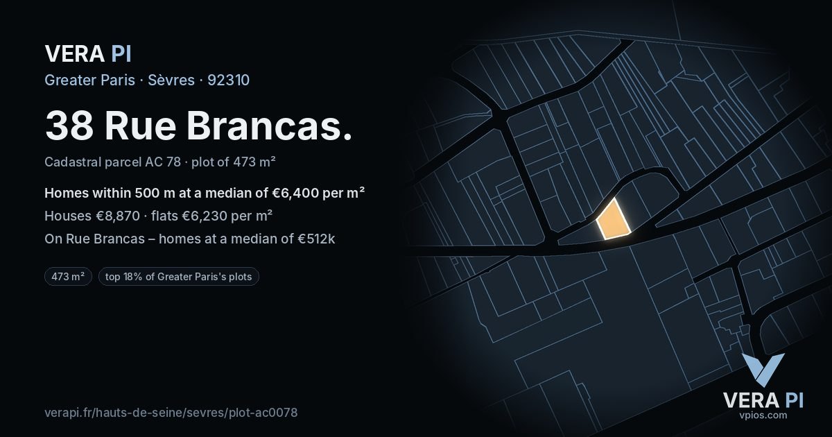 38 Rue Brancas, Sèvres at night – the plot lit, the parcels around coloured by the prices near them