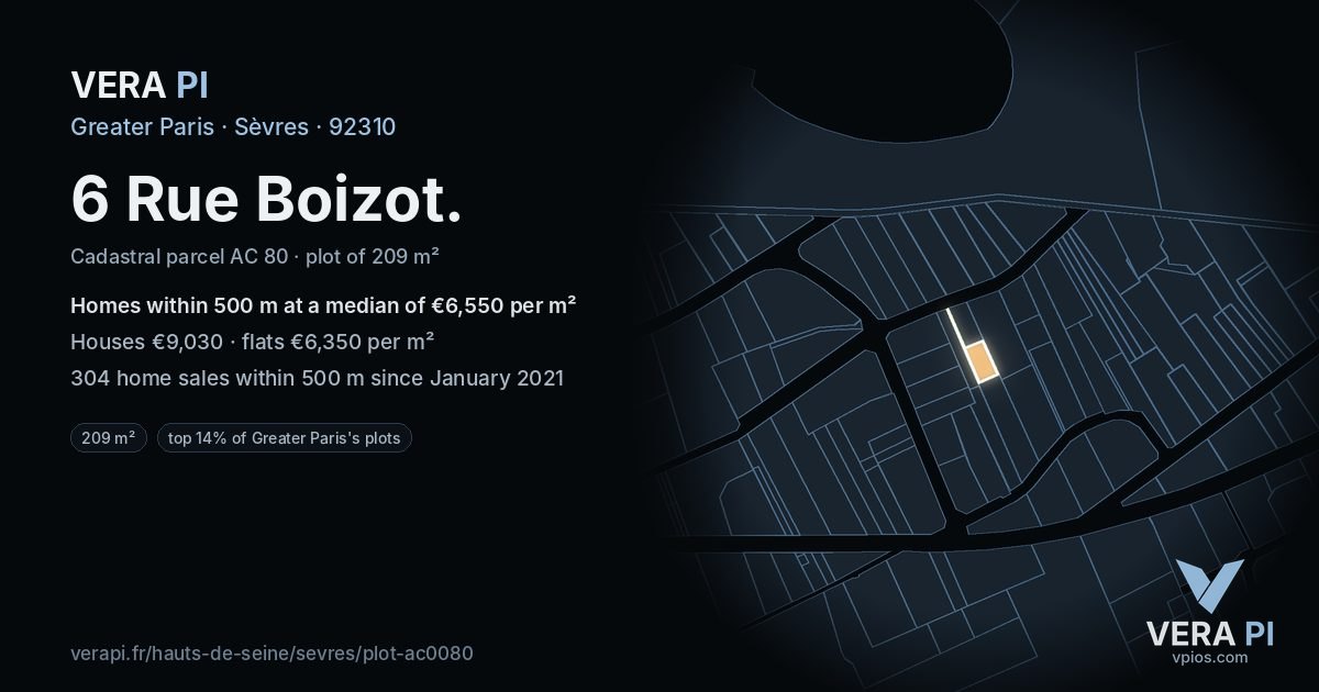 6 Rue Boizot, Sèvres at night – the plot lit, the parcels around coloured by the prices near them