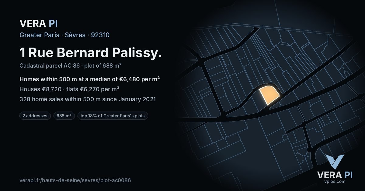 1 Rue Bernard Palissy, Sèvres at night – the plot lit, the parcels around coloured by the prices near them