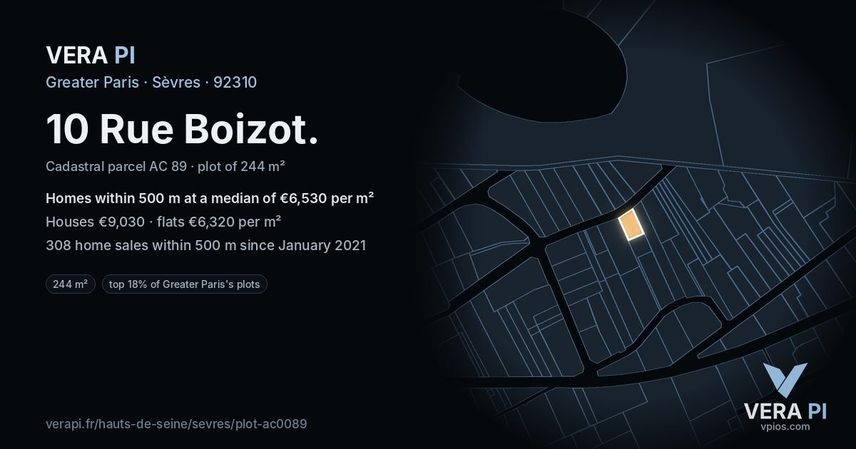 10 Rue Boizot, Sèvres at night – the plot lit, the parcels around coloured by the prices near them