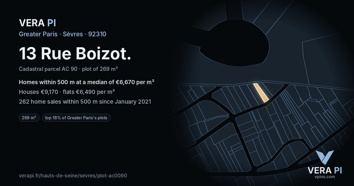 13 Rue Boizot, Sèvres at night – the plot lit, the parcels around coloured by the prices near them
