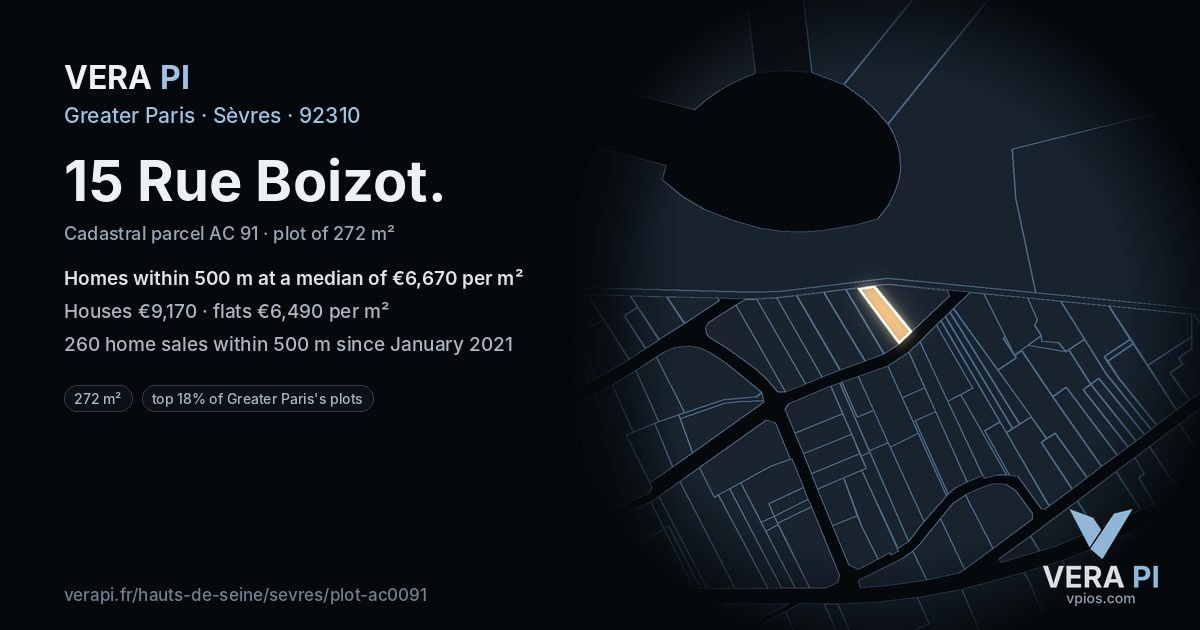 15 Rue Boizot, Sèvres at night – the plot lit, the parcels around coloured by the prices near them