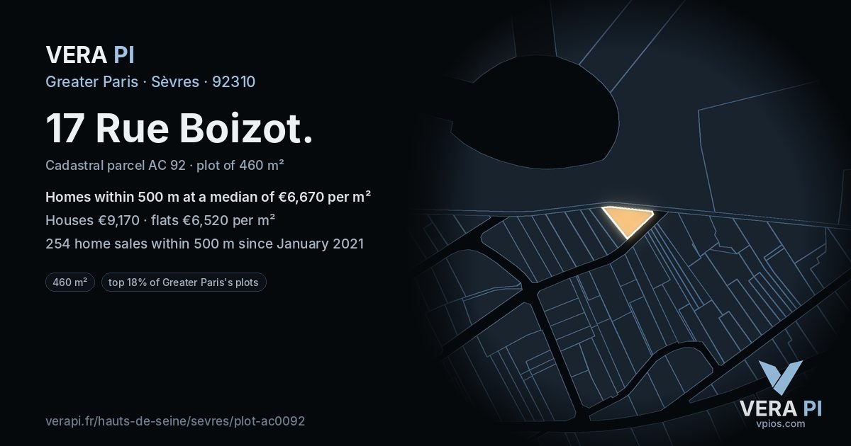 17 Rue Boizot, Sèvres at night – the plot lit, the parcels around coloured by the prices near them