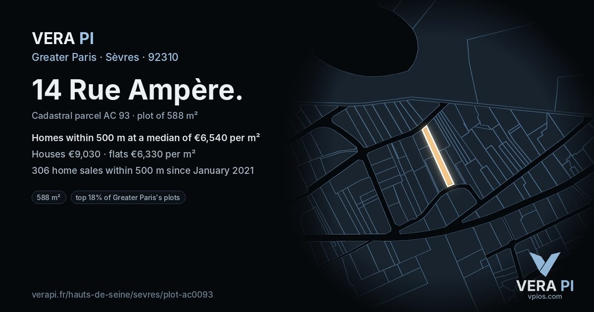 14 Rue Ampère, Sèvres at night – the plot lit, the parcels around coloured by the prices near them