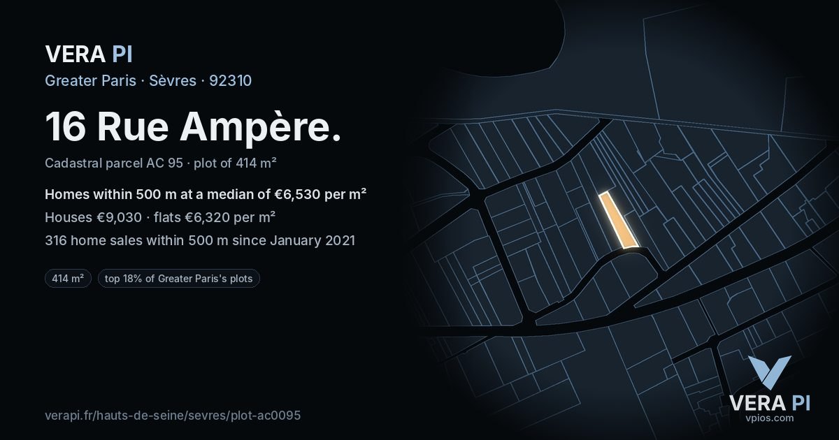 16 Rue Ampère, Sèvres at night – the plot lit, the parcels around coloured by the prices near them