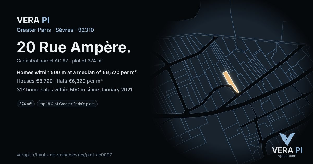 20 Rue Ampère, Sèvres at night – the plot lit, the parcels around coloured by the prices near them