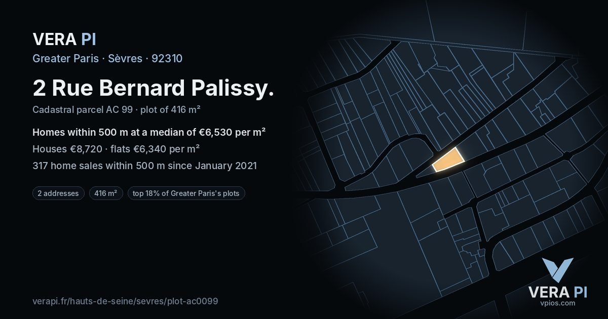 2 Rue Bernard Palissy, Sèvres at night – the plot lit, the parcels around coloured by the prices near them