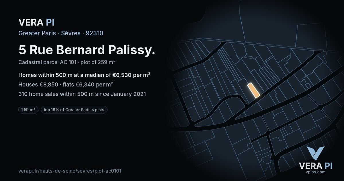 5 Rue Bernard Palissy, Sèvres at night – the plot lit, the parcels around coloured by the prices near them