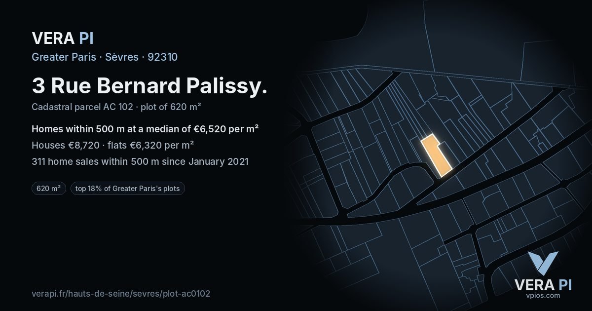 3 Rue Bernard Palissy, Sèvres at night – the plot lit, the parcels around coloured by the prices near them