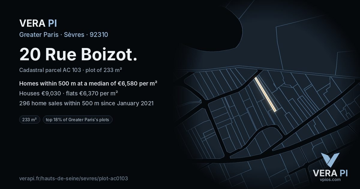 20 Rue Boizot, Sèvres at night – the plot lit, the parcels around coloured by the prices near them