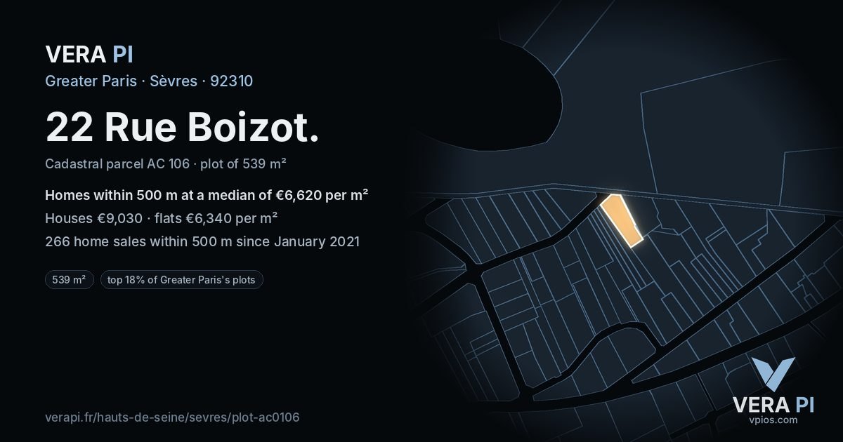 22 Rue Boizot, Sèvres at night – the plot lit, the parcels around coloured by the prices near them