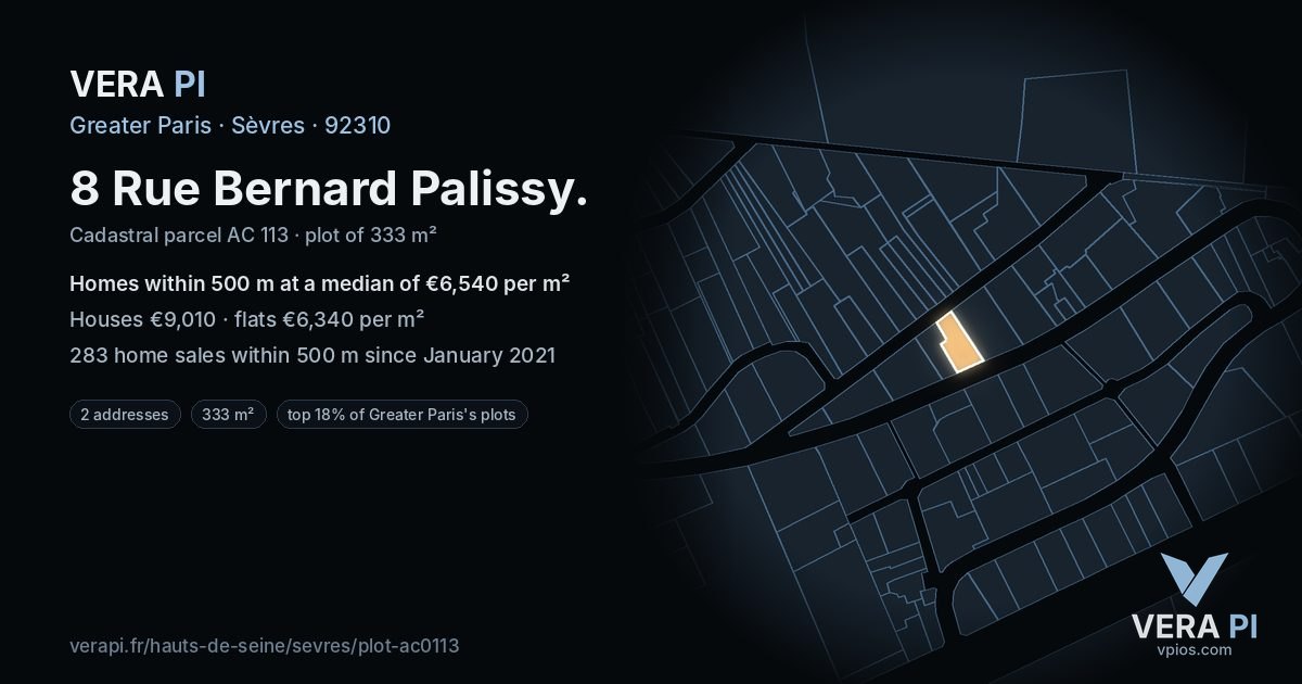 8 Rue Bernard Palissy, Sèvres at night – the plot lit, the parcels around coloured by the prices near them