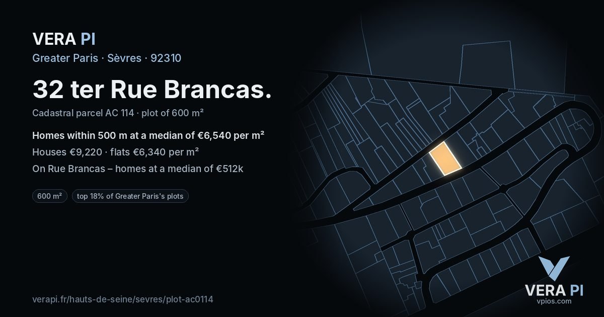 32 ter Rue Brancas, Sèvres at night – the plot lit, the parcels around coloured by the prices near them