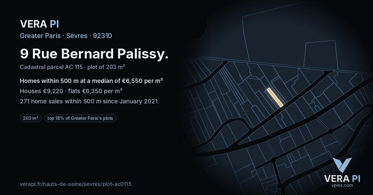 9 Rue Bernard Palissy, Sèvres at night – the plot lit, the parcels around coloured by the prices near them