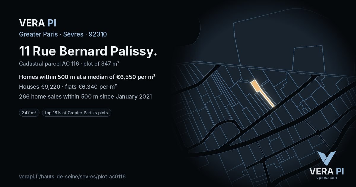 11 Rue Bernard Palissy, Sèvres at night – the plot lit, the parcels around coloured by the prices near them
