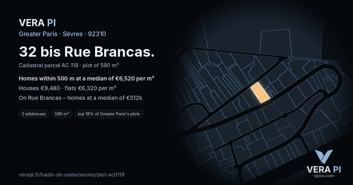 32 bis Rue Brancas, Sèvres at night – the plot lit, the parcels around coloured by the prices near them