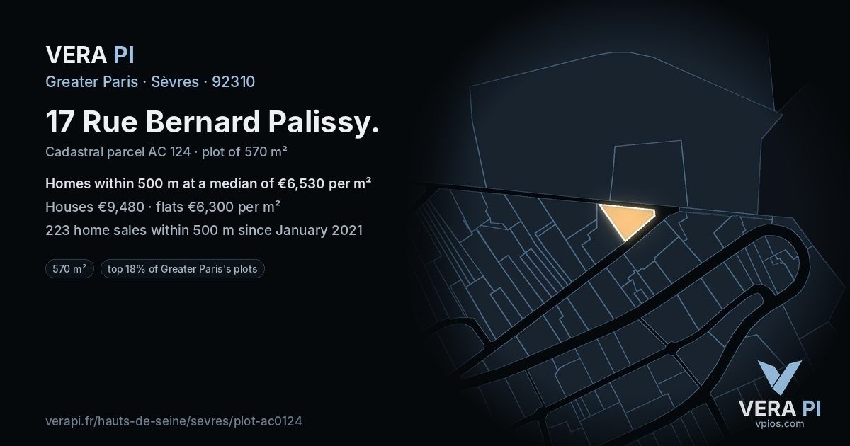 17 Rue Bernard Palissy, Sèvres at night – the plot lit, the parcels around coloured by the prices near them