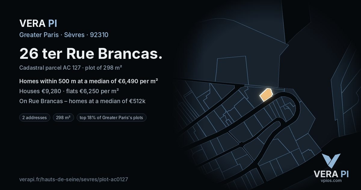26 ter Rue Brancas, Sèvres at night – the plot lit, the parcels around coloured by the prices near them