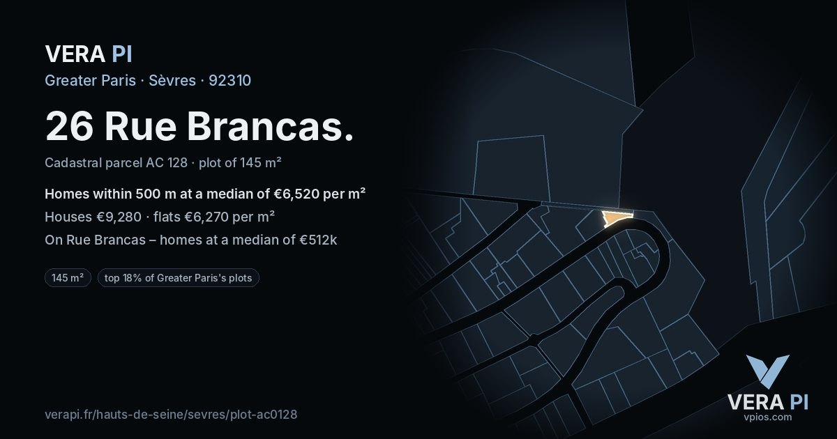 26 Rue Brancas, Sèvres at night – the plot lit, the parcels around coloured by the prices near them