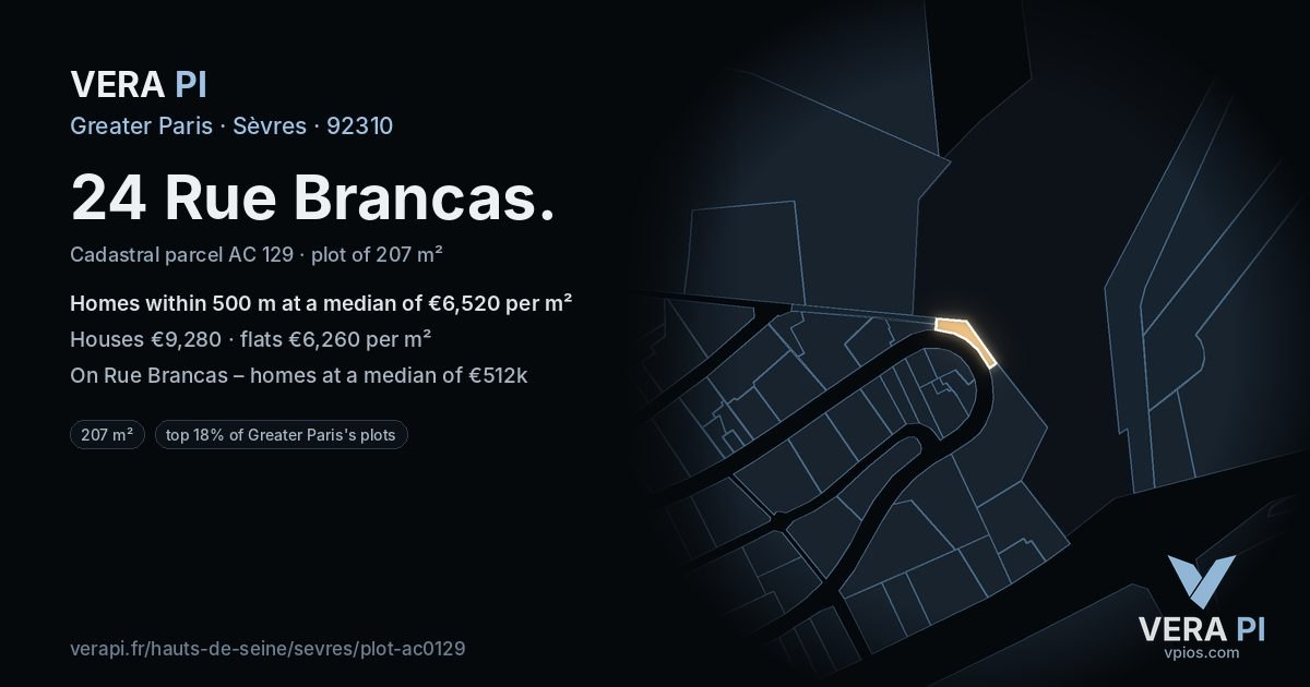 24 Rue Brancas, Sèvres at night – the plot lit, the parcels around coloured by the prices near them