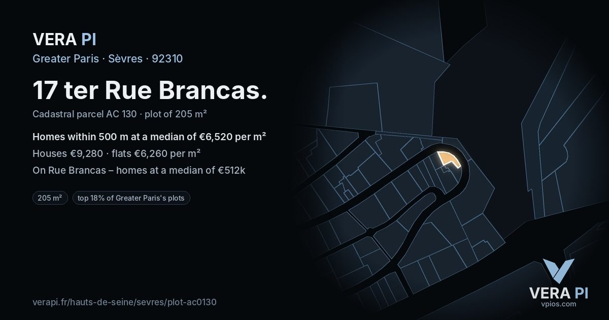 17 ter Rue Brancas, Sèvres at night – the plot lit, the parcels around coloured by the prices near them