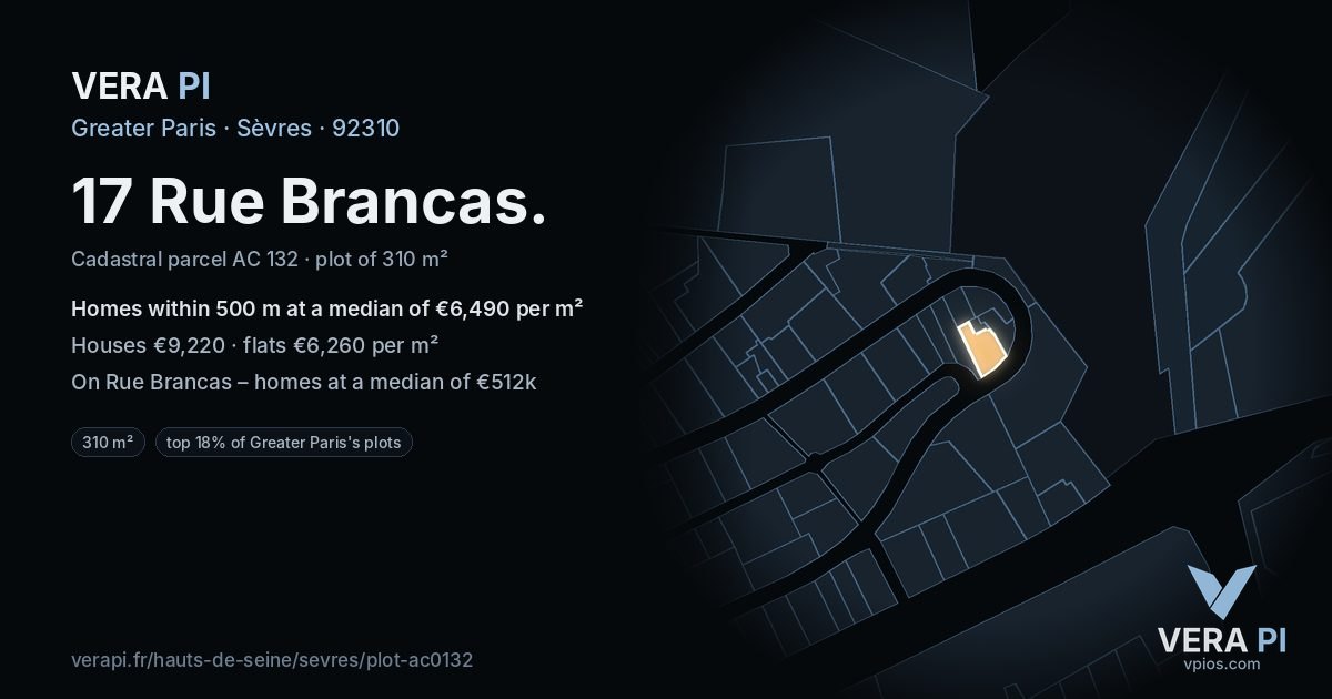 17 Rue Brancas, Sèvres at night – the plot lit, the parcels around coloured by the prices near them