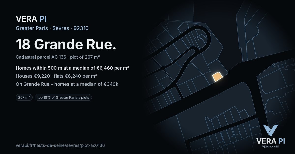 18 Grande Rue, Sèvres at night – the plot lit, the parcels around coloured by the prices near them