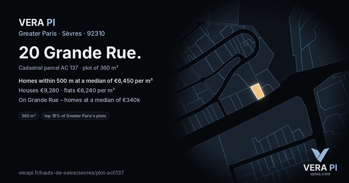 20 Grande Rue, Sèvres at night – the plot lit, the parcels around coloured by the prices near them