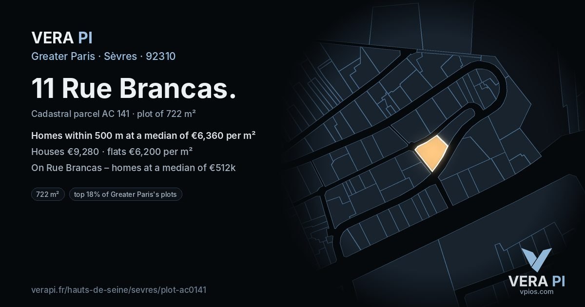 11 Rue Brancas, Sèvres at night – the plot lit, the parcels around coloured by the prices near them