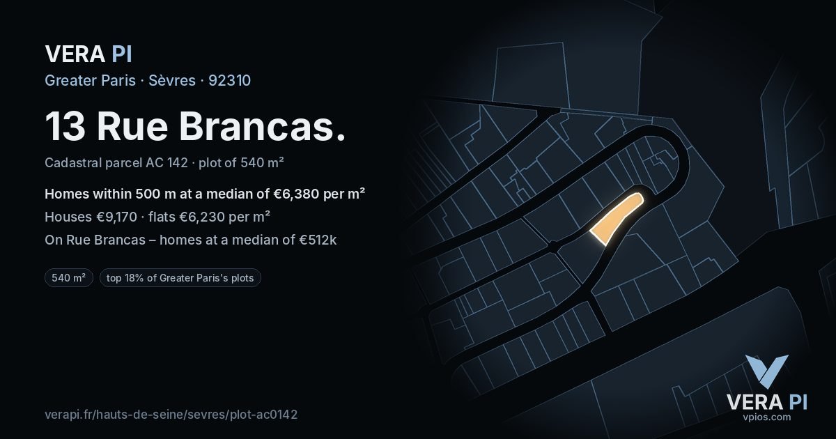13 Rue Brancas, Sèvres at night – the plot lit, the parcels around coloured by the prices near them