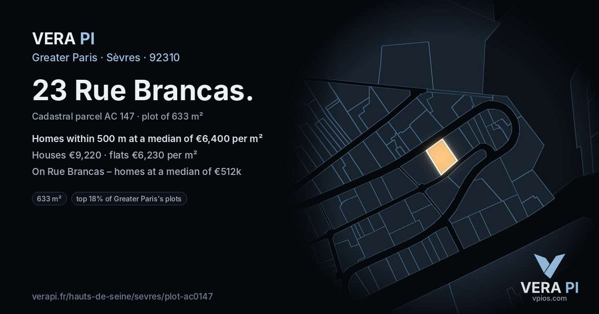 23 Rue Brancas, Sèvres at night – the plot lit, the parcels around coloured by the prices near them