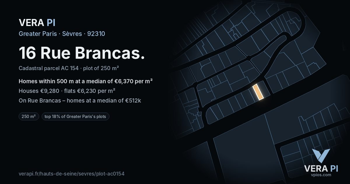 16 Rue Brancas, Sèvres at night – the plot lit, the parcels around coloured by the prices near them