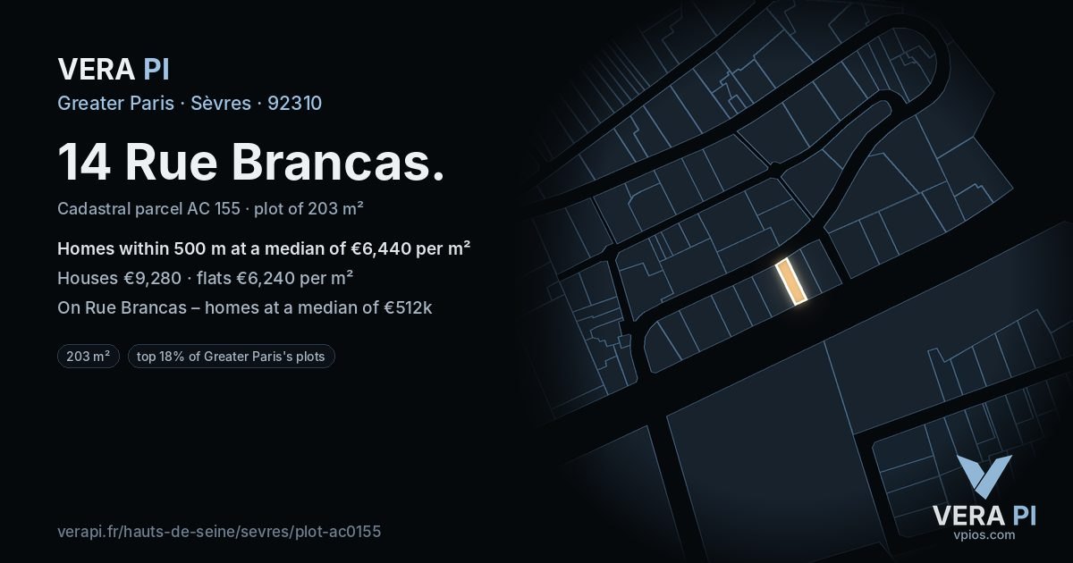 14 Rue Brancas, Sèvres at night – the plot lit, the parcels around coloured by the prices near them
