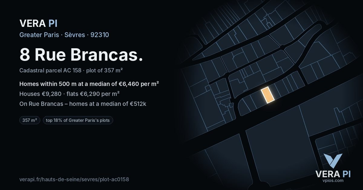 8 Rue Brancas, Sèvres at night – the plot lit, the parcels around coloured by the prices near them