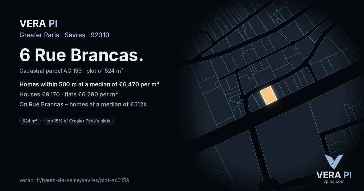 6 Rue Brancas, Sèvres at night – the plot lit, the parcels around coloured by the prices near them