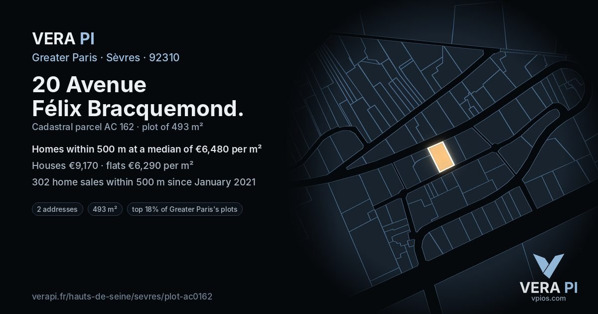 20 Avenue Félix Bracquemond, Sèvres at night – the plot lit, the parcels around coloured by the prices near them