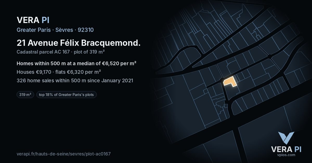 21 Avenue Félix Bracquemond, Sèvres at night – the plot lit, the parcels around coloured by the prices near them