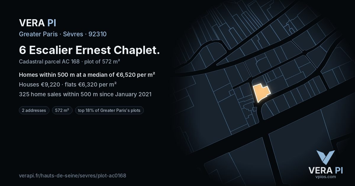 6 Escalier Ernest Chaplet, Sèvres at night – the plot lit, the parcels around coloured by the prices near them