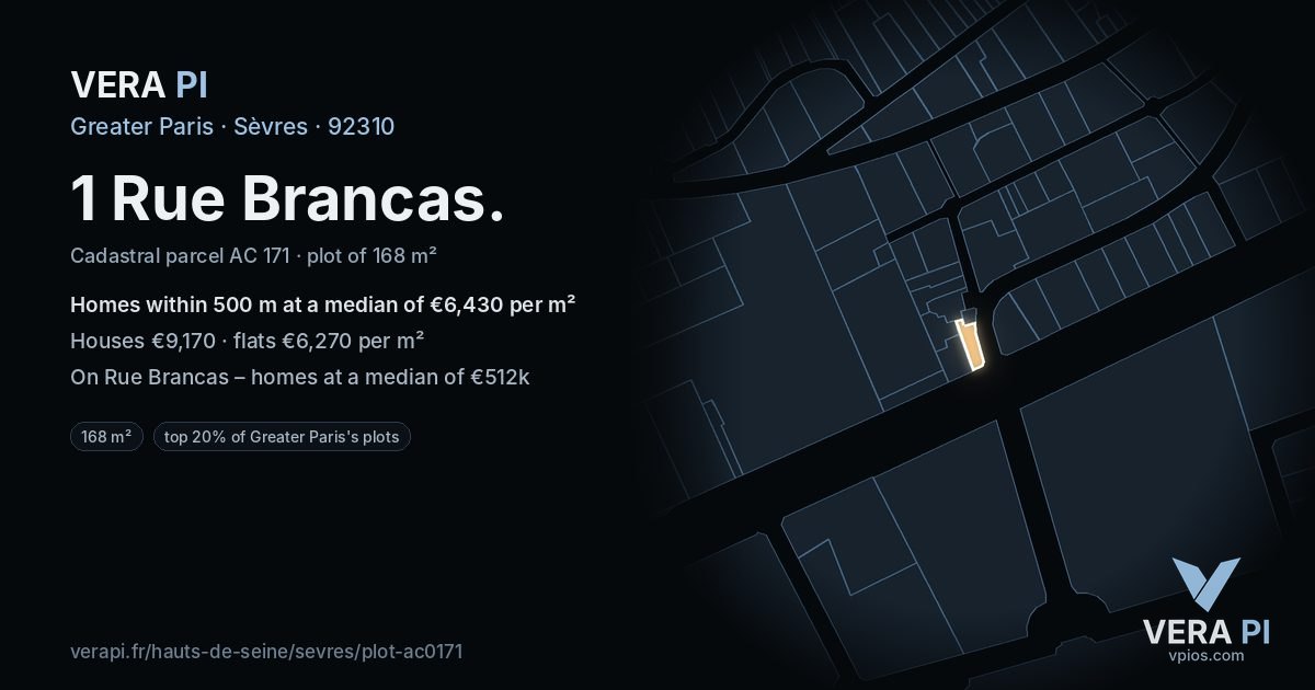 1 Rue Brancas, Sèvres at night – the plot lit, the parcels around coloured by the prices near them