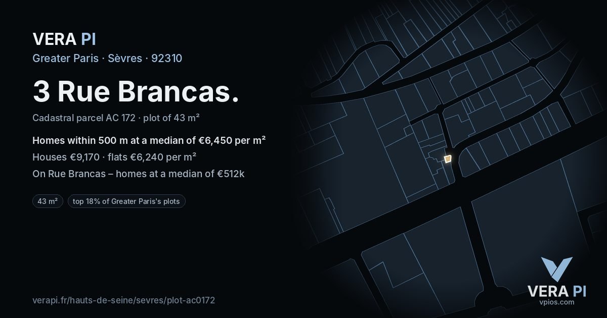 3 Rue Brancas, Sèvres at night – the plot lit, the parcels around coloured by the prices near them