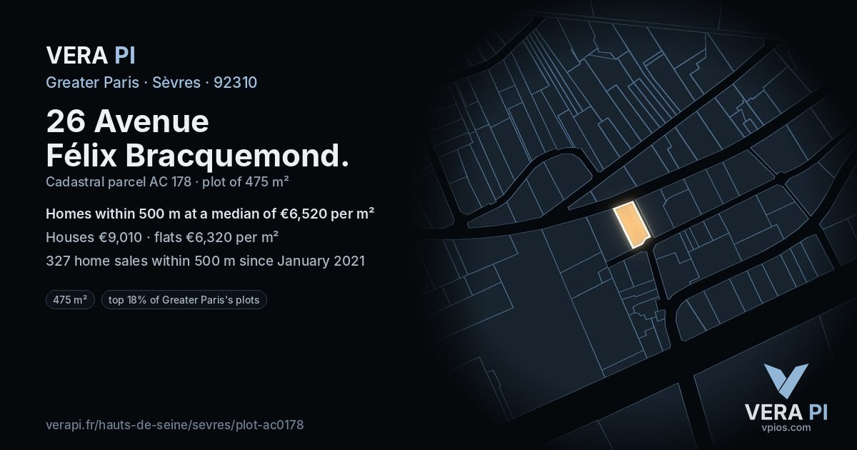 26 Avenue Félix Bracquemond, Sèvres at night – the plot lit, the parcels around coloured by the prices near them