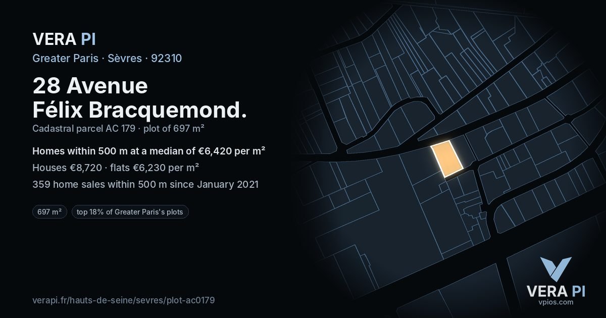 28 Avenue Félix Bracquemond, Sèvres at night – the plot lit, the parcels around coloured by the prices near them